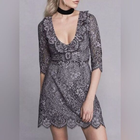 NWOT For Love and Lemons Theodora Black Gray Floral Lace Dress Large Wedding - Picture 11 of 12